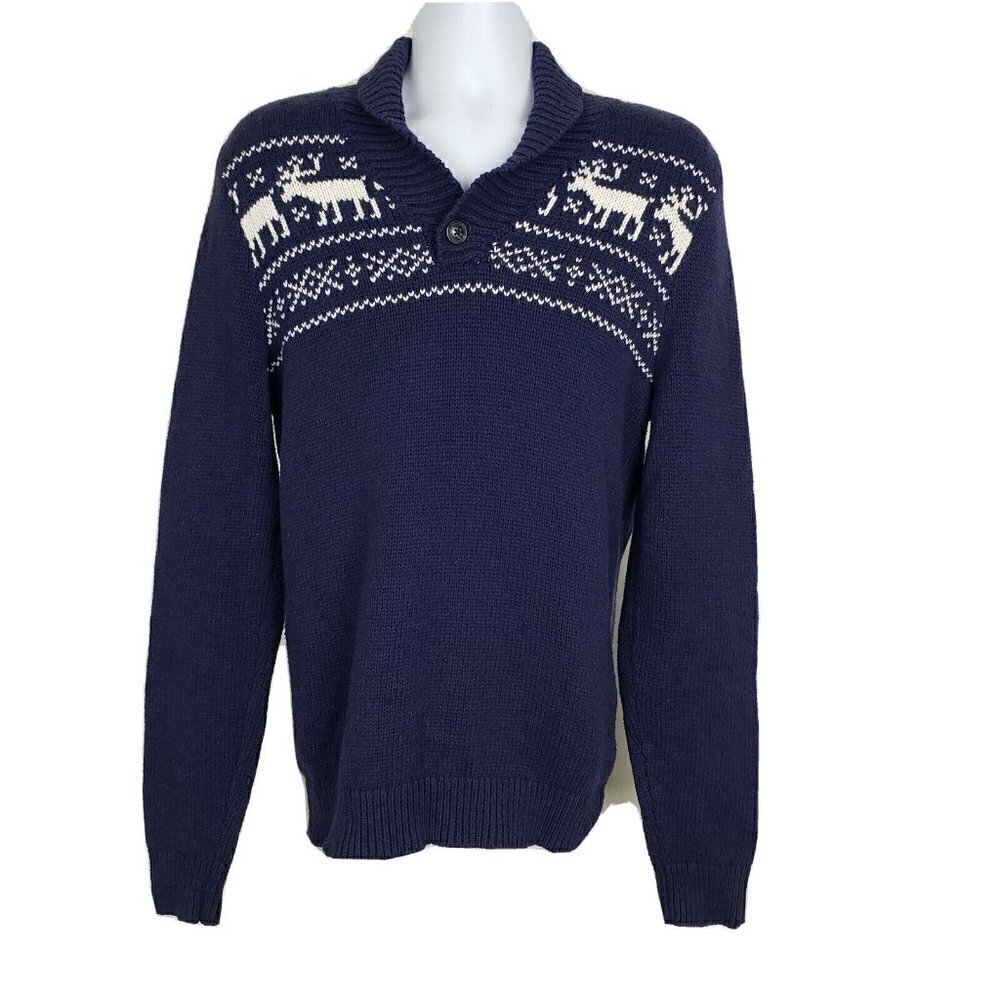 Levis Reindeer Henley Sweater Mens Size Large Shawl Collar Knit Winter Cabin